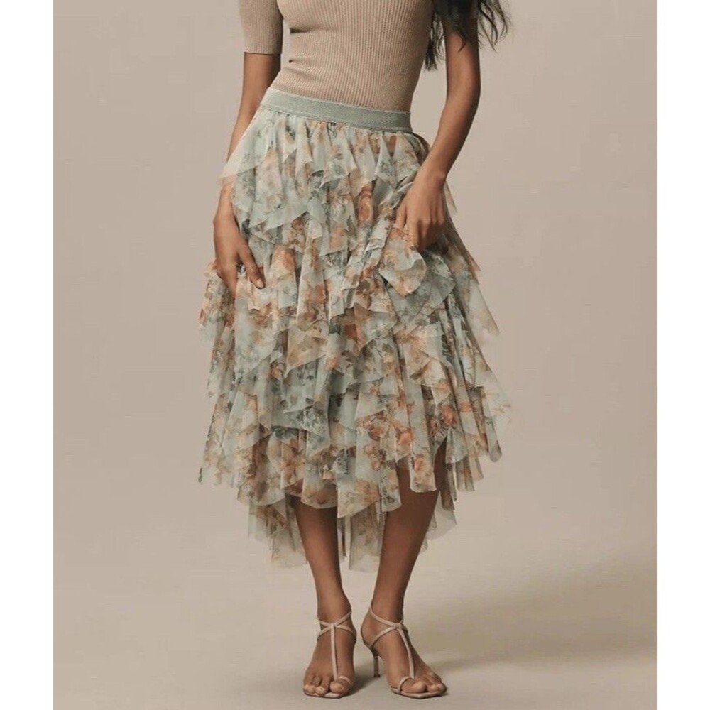 NWT Anthropologie Cheri Ruffled Tulle Midi Skirt Womens XL Green Garden Party